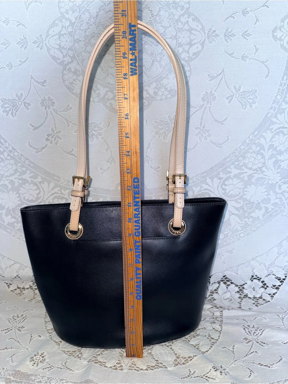 Michael Kors Bedford Medium Pocket Tote Black Saffiano Leather Tan Straps